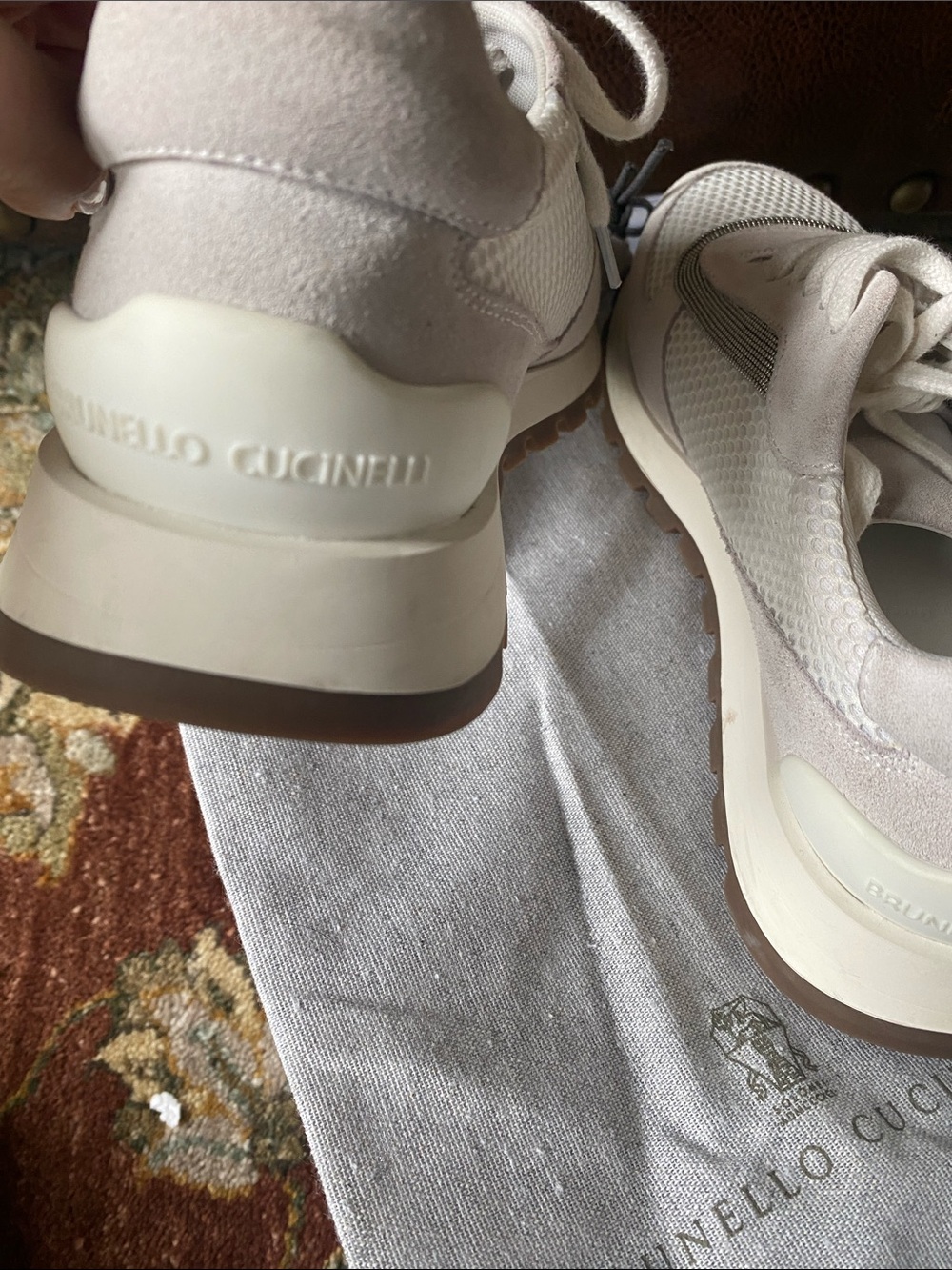 $1295 Brunello Cucinelli white/light gray mesh and suede sneakers w/monili 37.5 - Picture 8 of 12